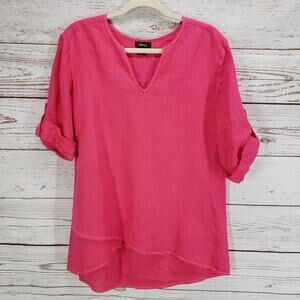 Pure Amici Women's Pink 100%Linen Roll Tab Sleeve Top Size Small